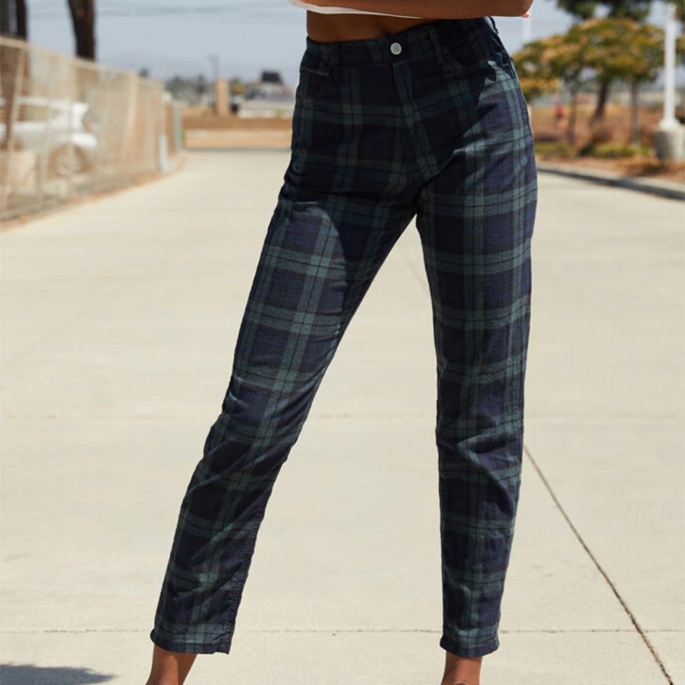 john galt jane green navy blue plaid pants